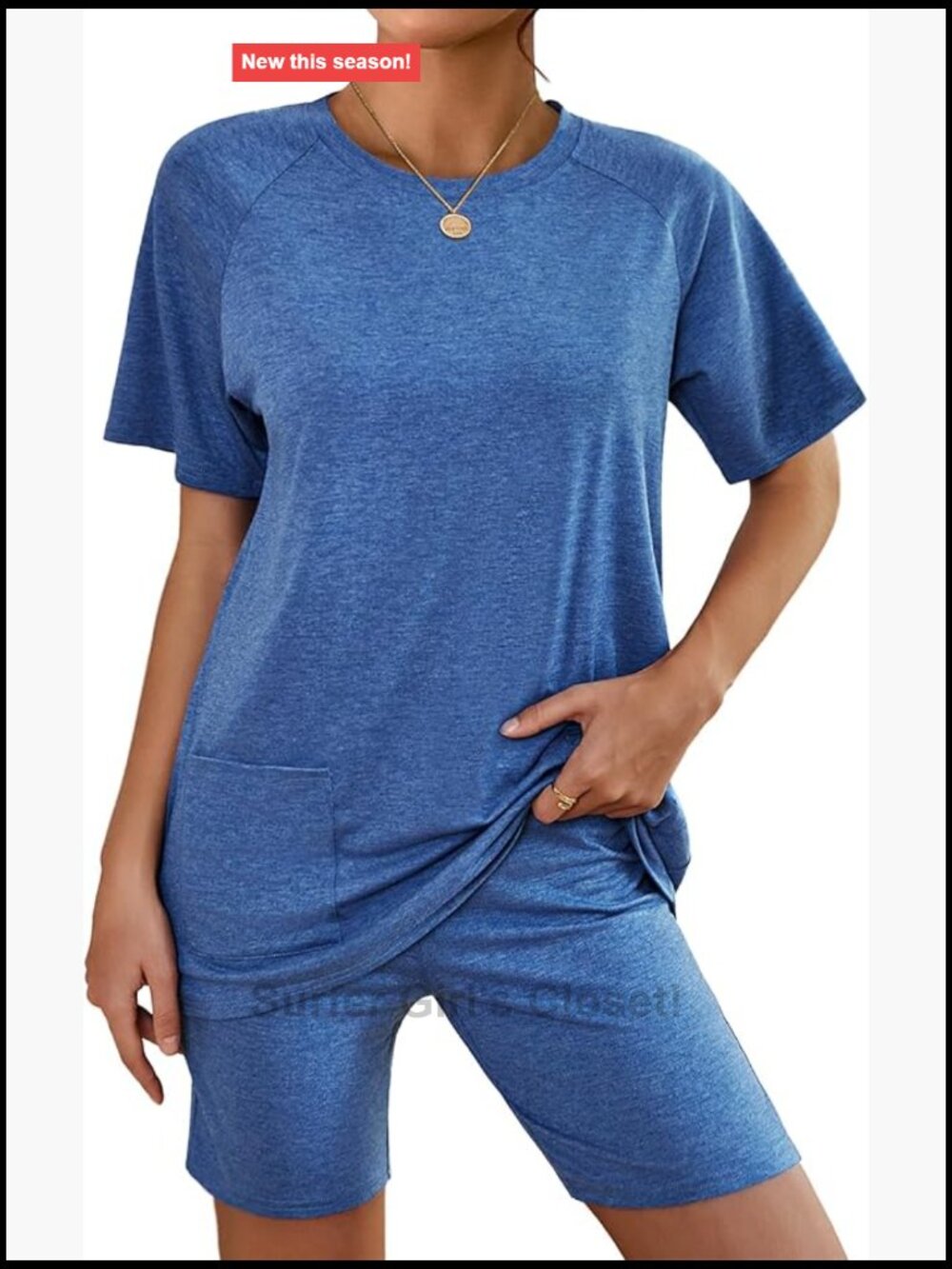 Two Piece Lounge Set Short Sleeve Top Biker Shorts Sweatsuit with Pockets